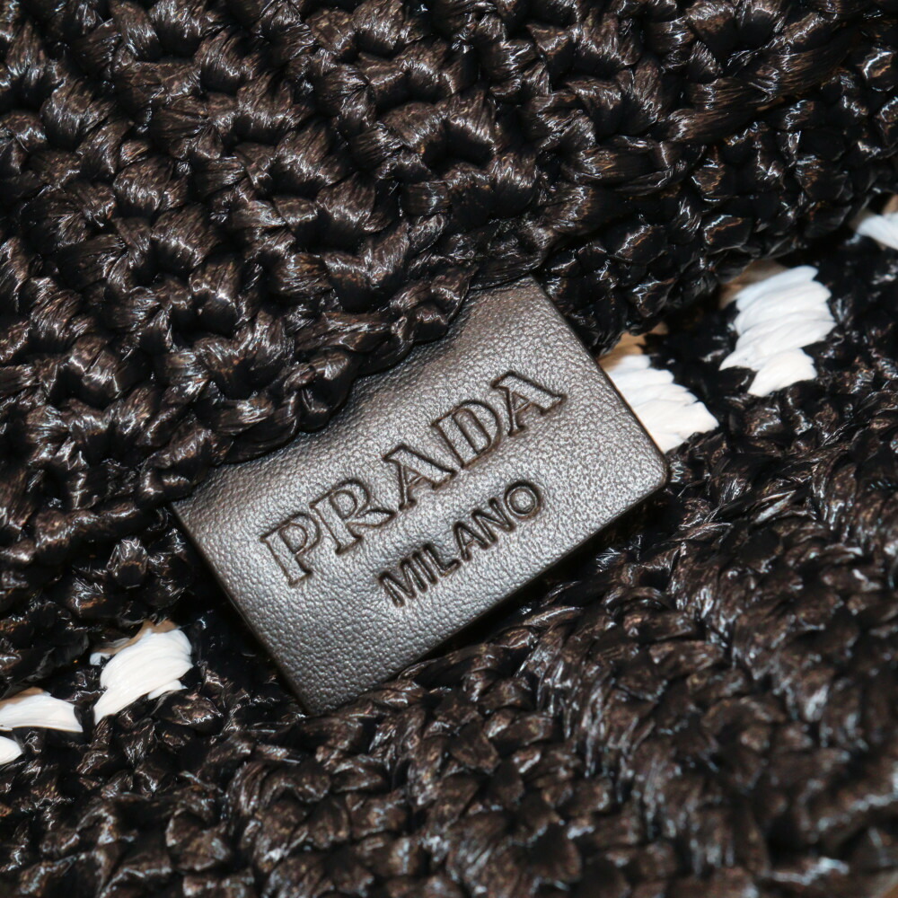 PRADA Raffia Tote Bag Black Basket Handbag Logo - Picture 7 of 7